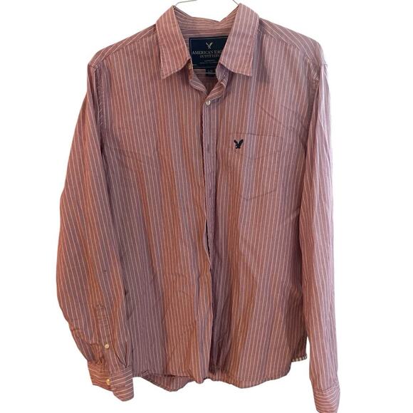 American Eagle Mens Button Up Large Pink w/Blue Striped Button Up Shirt - Picture 1 of 3